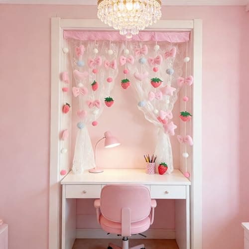 Kynthyre Cute Plush Curtain for Door Window Wall 33" W x 37" L Self-Adhesive Pink Strawberry Kawaii Curtain for Living Room and Bedroom Decor thumbnail 2