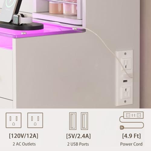YUNSCEND Large Makeup Vanity Desk with Mirror and Lights, White Vanity Table with 360° Rotating Organizer, Glass Top, RGB Lights, Dressing Table with 11 Drawers, Power Outlet, for Bedroom, UXFST006W thumbnail 8