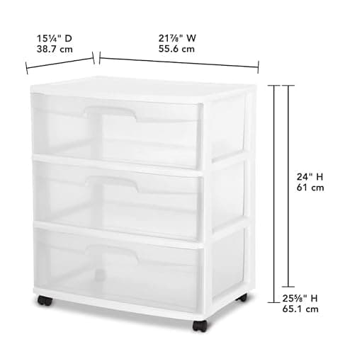Wide 3-Drawer Storage Cart - White, Plastic, Rolling Casters thumbnail 3