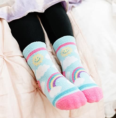 Jefferies Socks Girls Fuzzy Rainbow Animal Pattern Non Skid Slipper Socks 4 Pack thumbnail 6