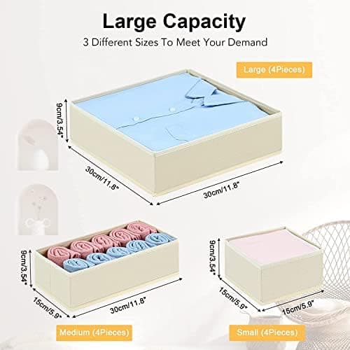 DIMJ Set of 12 Drawer Organizers Foldable Organizers and Storage Fabric Wardrobe Clothes Organizer Multifunctional Storage Box for Clothes, Bra,(Beige) thumbnail 3