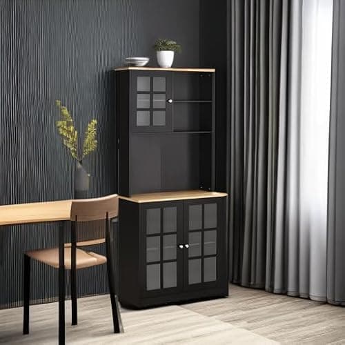 HOMCOM Kitchen Pantry Storage Cabinet, 72" Freestanding Cabinet with Hutch, Large Countertop, Glass Doors and Adjustable Shelves for Dining Room, Black thumbnail 6