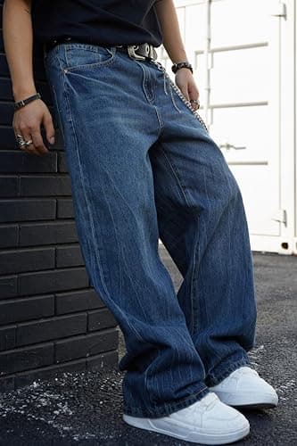 MZNBURAM Men's Super Baggy Jeans - Wide Leg Loose Fit Denim Pants Y2K Hip Hop Streetwear Skater Casual Trousers (34, Dark Blue Washed) thumbnail 2