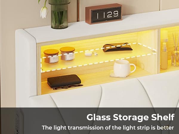 LED Full Bed Frame with Type-C & USB Charging Station, Full Size Bed Frame with Storage Headboard, Modern Velvet Upholstered Platform Bed with Shelf Headboard, Noise-Free, Creamy White thumbnail 8