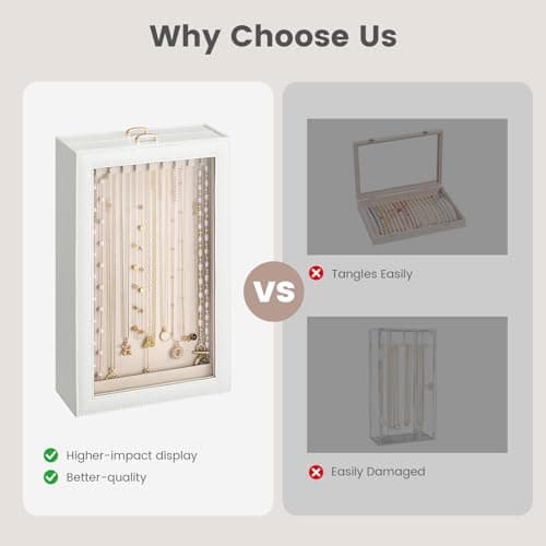 Lolalet Necklace Organizer Box, Jewelry Storage Box with Clear Window for Necklaces Bracelets, Tangle-Free Necklace Display Case for Women Girls, White, 2 Layers 20 Hooks thumbnail 3