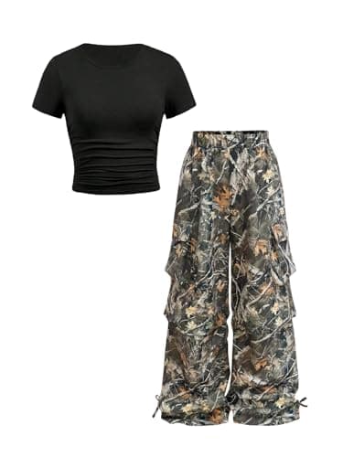 RoseSeek Girl's 2 Piece Summer Outfits Short Sleeve Ruched Basic Tess and Camo Cargo Pants Sets Trendy Black 10Y - Image 1