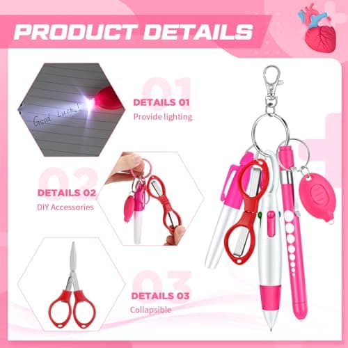 MotiMind 6 Pcs Nurse Pen Set Include Permanent Marker Pen Retractable Ballpoint Pen Keychain Clip Foldable Scissors Lights LED Flashlight Keychain for Nurse Accessories(Pink) thumbnail 3