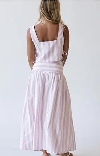 Melliflo Womens Summer 2 Piece Outfits Striped Skirt Linen Sets Sleeveless Crop Tops Maxi Skirt Set Matching Travel Outfits thumbnail 3