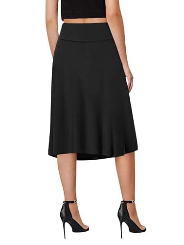 Sweet Hearts A-Line Midi Skirts for Women- Black Skirt Womens Knee Length | Black Midi Skirt, Foldover Waist, Midi Length, Basic, Flowy, Womens Skirts, High Waist, ALine, Modest, Flared, Made in USA thumbnail 3
