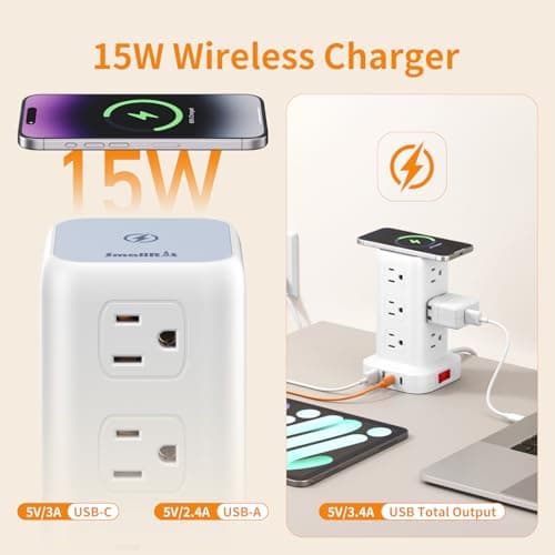 Extension Cord with Multiple Outlets, SMALLRT Surge Protector Power Strip Tower, Outlet Extender with 12 AC Outlets 4 USB, 6.5FT Extension Cord for Home Dorm Room, Office Supplies,Overload Protection thumbnail 3