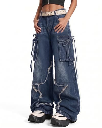Hugboom Women's Baggy Jeans Star Cargo Pants with Pockets Wide Leg Denim Jeans Y2k for Women Girls Cute Streetwear Blue M thumbnail 2