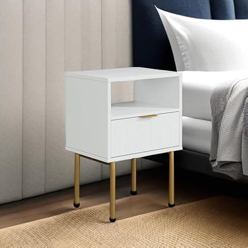 Masupu Nightstand,Mid-Century Modern Bedside Table with Storage Drawer and Open Wood Shelf,Small Gold Frame Side Table for Bedroom,Living Room,White thumbnail 5