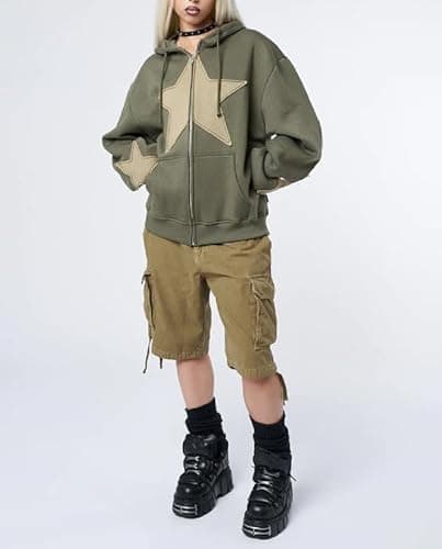 ROAONOCOMO Women Y2K Zip Up Hoodie Star Printed Oversized Sweatshirts Fairy Grunge Graphic Hooded Jacket Harajuku Streetwear - C-green Star Print - Small thumbnail 5