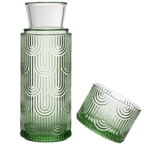 TANMESSO Mouthwash Dispenser, Bedside Water Carafe with Cup And Glass Set, Mouth Wash Dispensers for Bathroom, 21.6 Oz Glass Mouthwash Container with 6 Oz Drinking Cup As Lid (Green) - Image 1