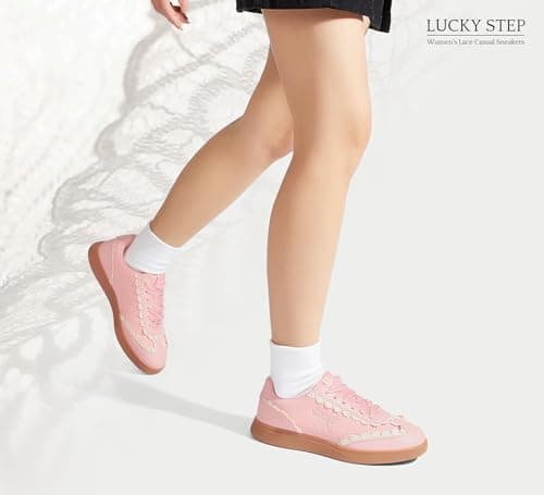 LUCKY STEP Women’s Lace Detail Casual Sneakers Organza Ribbon Lace-Up Fashion Vintage Gum Sole Trendy Cute Shoes(Pink,8) thumbnail 2