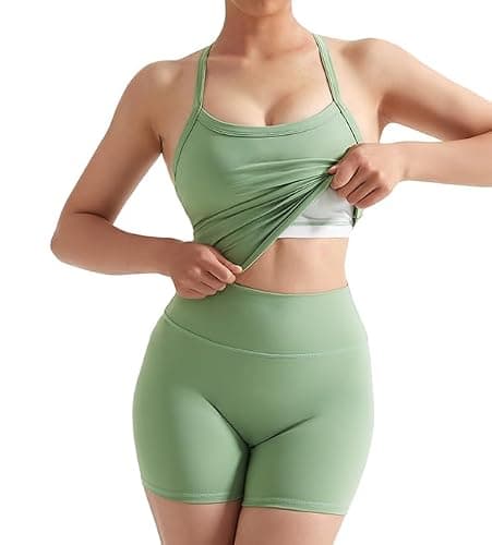 SUUKSESS Women 2 Piece Workout Sets High Waisted Tummy Control Biker Shorts Halter Padded Tank Tops thumbnail 4