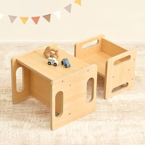 OOOK Montessori Weaning Table and Chair Set, Kids Activity Table and Chair Set with Fence for Read, Play Toys, Snack Time, Step Stool, 1-3 Year Old Kids Montessori Furniture thumbnail 9