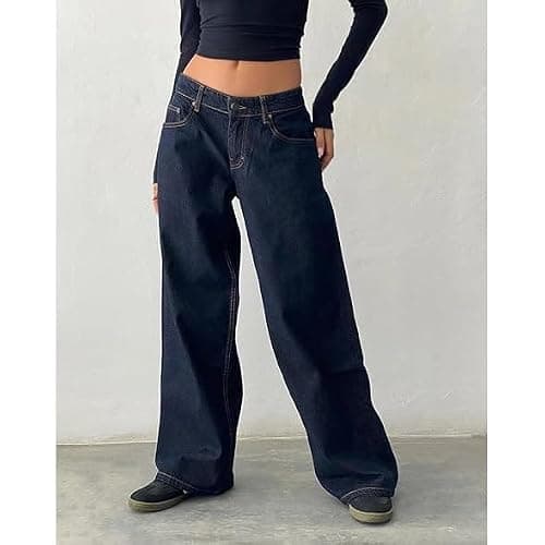 Sawmew Damen Y2K Low Rise Baggy Jeans Weites Bein Loose Fit Boyfriend Straight Leg Trendy Stretch Denim Hose Streetwear thumbnail 3