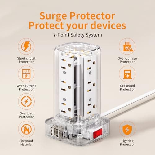 Extension Cord with Multiple Outlets, SMALLRT Surge Protector Power Strip Tower, Outlet Extender with 12 AC Outlets 4 USB, 6.5FT Extension Cord for Home Dorm Room, Office Supplies,Overload Protection thumbnail 4