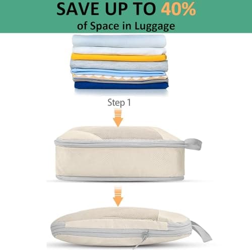 Lanmalaterra 8pcs Compression Packing Cubes Travel Packing Cubes Packing Organisers Storage Bags Clothing Sorting Packages Travel Acessories Essentials Expandable uggage-Beige thumbnail 2