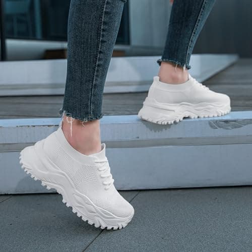 VXGGVX Women's Chunky Platform Tennis Sneakers Walking Running Gym Shoes Lightweight Breathable Comfort Work Sports Casual Elevator Shoes White Size 8 thumbnail 2