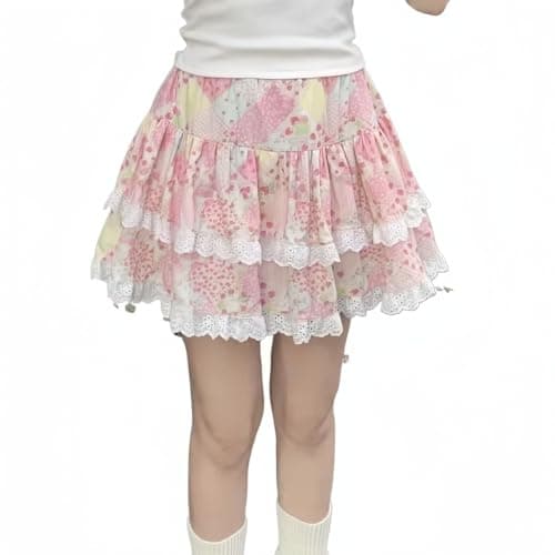 Women's Kawaii Skirts 2000s Vintage Y2k Clothing Pink A-line Slim Lolita Mini Skirts Sweet High Waist Lace Outfits - Image 1