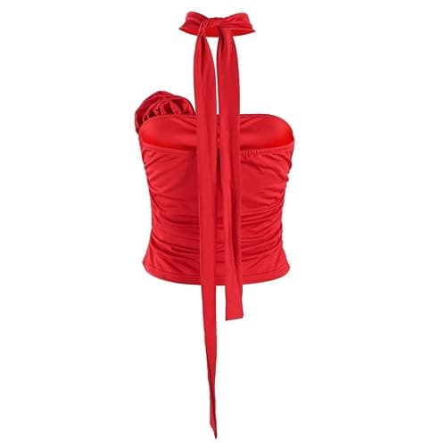SIQITECHNO Womens Sexy 3D Flower Rosette Asymmetrical Hem Ruffled Tube Top Backless Pleated Bandeau Tank Top Crop Halter Tops thumbnail 4