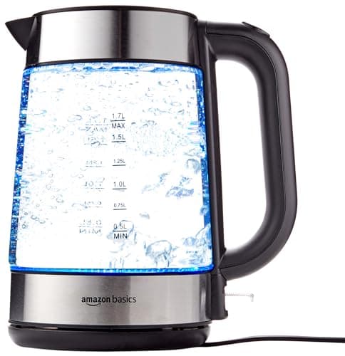 Amazon Basics Electric Glass and Steel Hot Tea Water Kettle, 1.7-Liter, Black and Sliver - Image 1