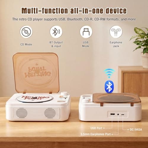 CTDZLED Portable CD Player with Bluetooth, 2600mAh Battery, USB & AUX, Dual 3W Speakers, Remote Control – for Seniors, Nostalgia Gift, Home Party (White) thumbnail 4