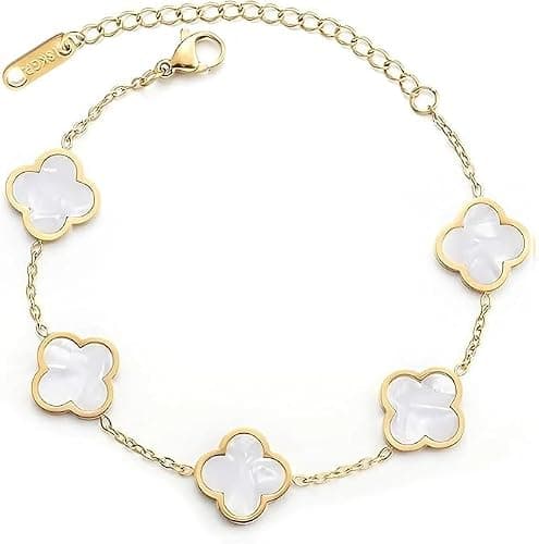 KINFERTE for 18K Gold Plated Double Sided Clover Bracelet for Women Lucky Four Leaf Clover Bracelet Flower Link Bracelets Trendy Jewelry Gifts for Women,Wife, Girlfriend, Mom, Sister, Bestie, Grandma - Image 1