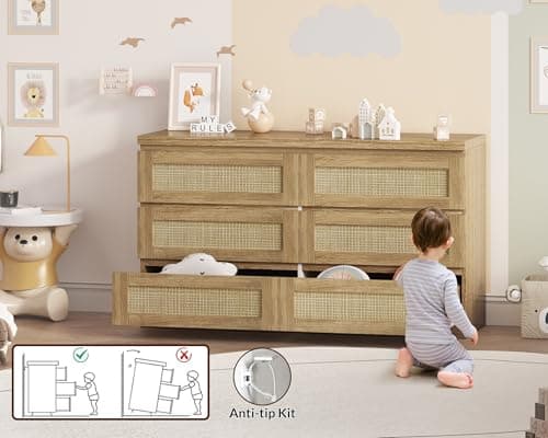 GarveeHome Rattan Dresser for Bedroom with 6 Drawers, 47 in Modern Farmhouse Wide Chest of Drawers, Wood Storage Cabinet Organizer for Closet, Living Room, Hallway thumbnail 5
