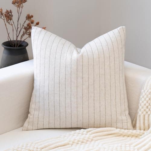 FIOUOVO Decorative Neutral Throw Pillow Covers 18x18 Farmhouse Pillow Covers Cotton Stripe Cushion Covers Home Decor for Sofa Couch Living Room Bedroom 1PC, Pinstripe - Image 1