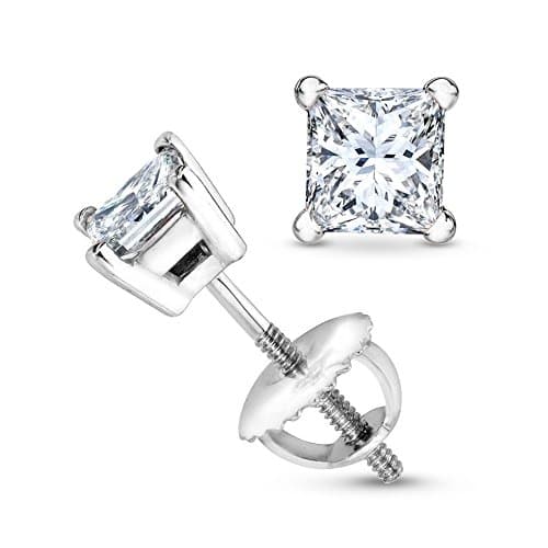 2 Carat Solitaire Diamond Stud Earrings Princess Cut 4 Prong Push Back (H-I Color, SI2-I1 Clarity) - Image 1