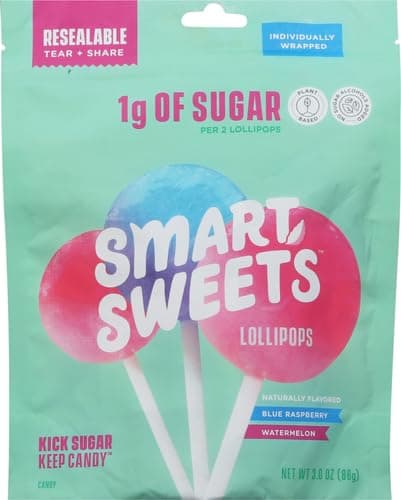 SmartSweets Lollipops, 3oz, Blue Raspberry & Watermelon Flavors, Hard Candy with Low Sugar (1g), Low Calorie (40), No Artificial Sweeteners, Plant-Based, Gluten-Free (Pack of 2) thumbnail 4