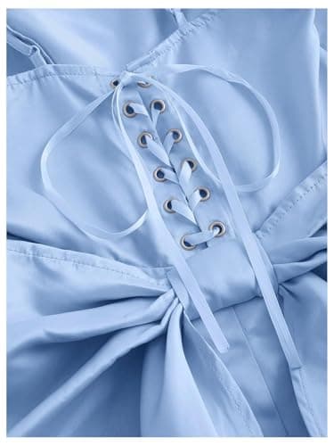 WDIRARA Women's Satin Bow Homecoming Dresses Spaghetti Strap Wedding Guest Gown Summer Mini Dress Blue thumbnail 3