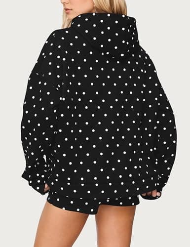 Navonta Womens Polka Dot Hoodie Oversized Fleece Long Sleeve Drop Shoulder Graphic Print Aesthetic Hooded Sweatshirt Trendy Black thumbnail 2