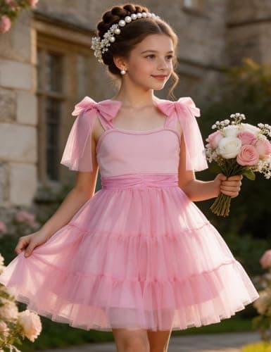 Arshiner Girls Dresses Summer Sleeveless Bow-Tie Straps Formal Fancy Party Birthday Tulle Dress Light Pink Tween 10-11 Years thumbnail 4