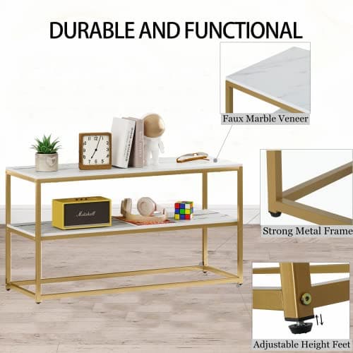 Function Home TV Stand for TVs up to 50 Inch, 3 Tier Entertainment Center, Modern TV Cabinet with Marble Top and Gold Metal Base, 42" Media Console Table with Storage for Living Room Bedroom - 42" Gold thumbnail 6