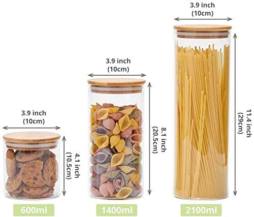 LEAVES AND TREES Y Stackable Kitchen Canisters Set, Pack of 5 Clear Glass Food Storage Jars Containers with Airtight Bamboo Lid for Candy, Cookie, Rice, Sugar, Flour, Pasta, Nuts thumbnail 3