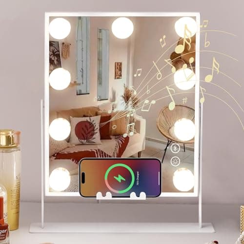 COOLJEEN Vanity Mirror with Lights and Bluetooth, Wireless Charging Lighted Vanity Mirror with Phone Stand, 9-Bulb 3 Color Lighting Tabletop Lighted Makeup Mirror, 360°Rotation - C-white-speaker & Wireless Charging-9 Bulbs - Image 1
