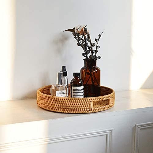Coffee Table Tray Round Rattan Ottoman Tray Woven Serving Trays with Handles for Home and Kitchen Decorative Natural (Large 14 inch x 2.4 inch) thumbnail 7