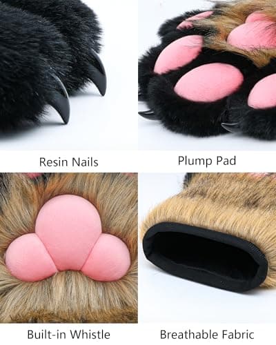 BNLIDES Cosplay Fursuit Paw Gloves Furry Claw Gloves Built-in Whistle Decompression Toys Costume Party Accessories for Adult (Khaki-Black) thumbnail 5