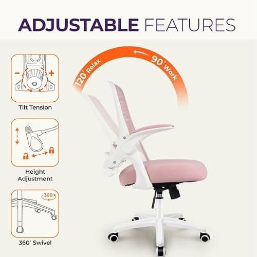 NEO CHAIR Office Desk Gaming Ergonomic Computer Chair with Lumbar Back Support Adjustable Height Swivel Rolling Wheels Flip-up Arms Mesh Chair for Home Vanity (Pink) thumbnail 6