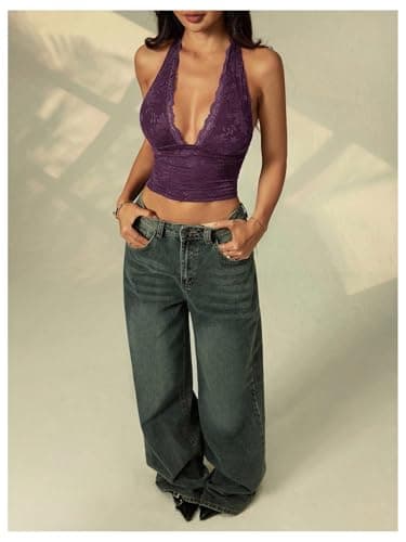 RoseSeek Women's Floral Lace Deep V Neck Halter Tops Y2K Backless Going Out Crop Tank Top Purple Petite-XL thumbnail 5