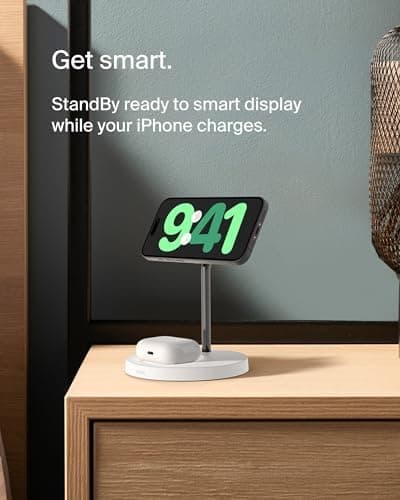 Belkin MagSafe 2-in-1 Wireless Charging Stand for Apple iPhone 17, iPhone 16, iPhone 15, iPhone 14 Series & AirPods - MagSafe Fast Charging Station for Multiple Devices - Black (Certified Refurbished) thumbnail 3