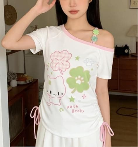 Women Y2K Retro Cute Cat Print Off Shoulder Top Kawaii Trendy E Girl Aesthetic Clover Graphic Street Fashion Tee thumbnail 2