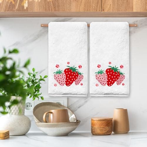 Yanhuecui Strawberry Hand Towels for Bathroom Set of 2, Strawberry Bathroom Decor, Spring Pink Cotton Soft Embroidered Towels for Kitchen Bath 14x30 Inches, Summer Decorations Hand Towels Gifts thumbnail 3