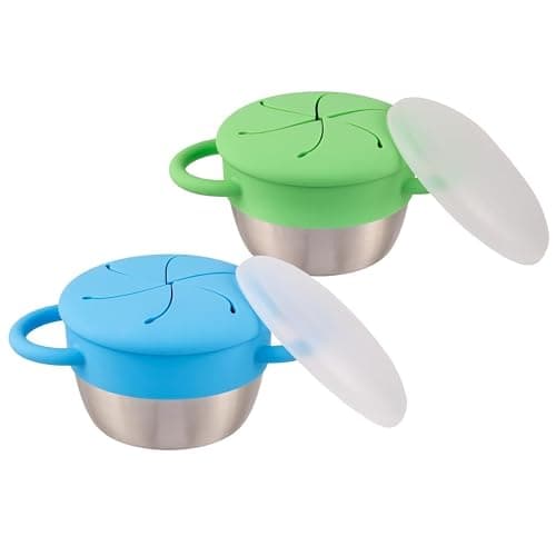 Elk and Friends Stainless Steel Snack Cups | Removable Silicone Food Catcher and Travel Lid | Spill-Proof Snack Containers for Baby, Toddler, Kids | Dishwasher Safe | 2 Pack - Image 1