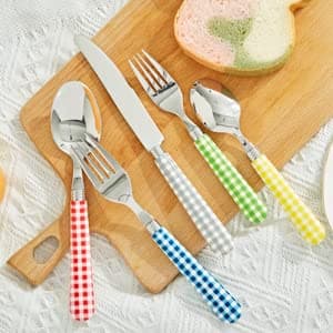 ANNOVA Silverware Set 20 Pcs Stainless Steel Cutlerty Color Handle Flatware -4xDinner Knife;4xDinner Fork;4xSalad Fork;4xDinner Spoon;4xDessert Spoon (Mix Color/Gingham Checkered Pattern) - Large - Mix 02 thumbnail 5