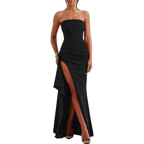 Bcenoilua Robe Longue Femme Sexy sans Manches Epaules Dénudées Maxi Robes Elégant Fendue Slim Bodycon Robe Dos Nu à Ourlet Irrégulier Robes de Soirée pour Clubbing Nuit Cocktail Party - Image 1